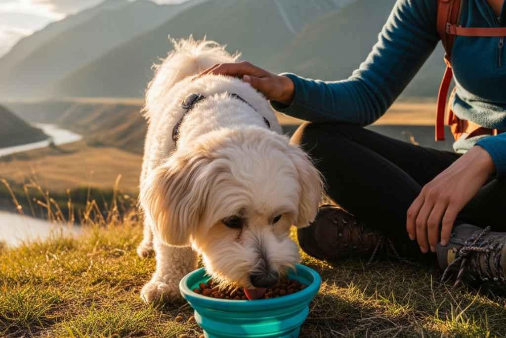 chien de race bichon havanais mangeant ses croquettes dans une gamelle en extérieur lors d'un voyage