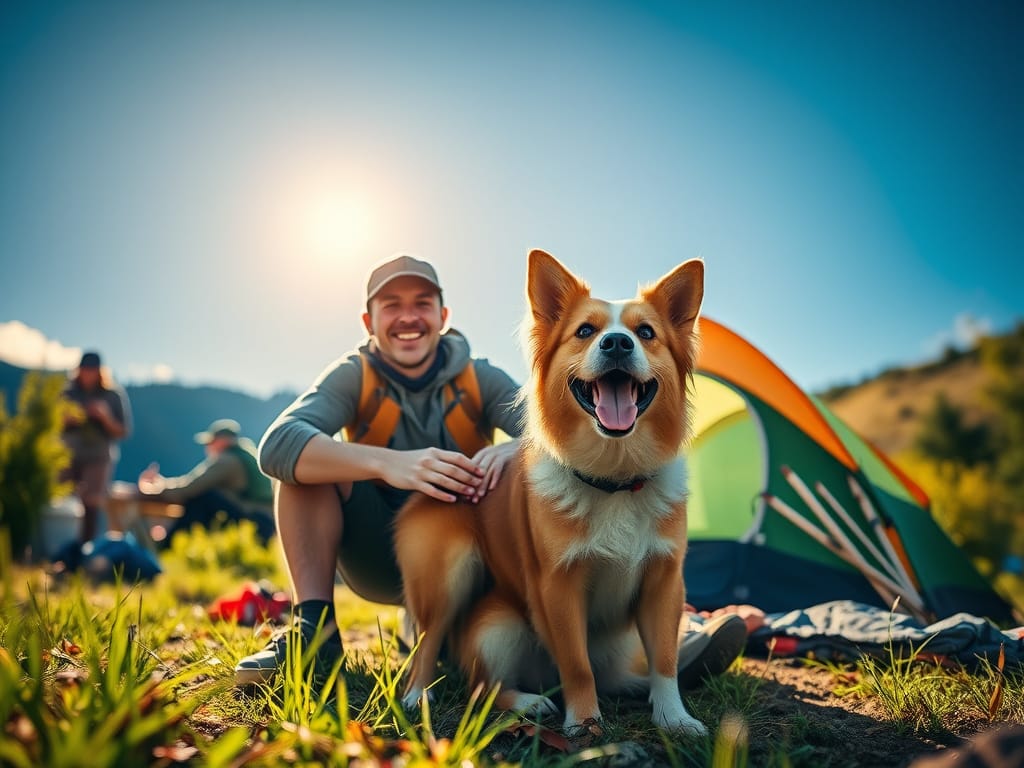 Conseils & vie quotidienne avec son chien : chien et son maître devant leur tente de camping