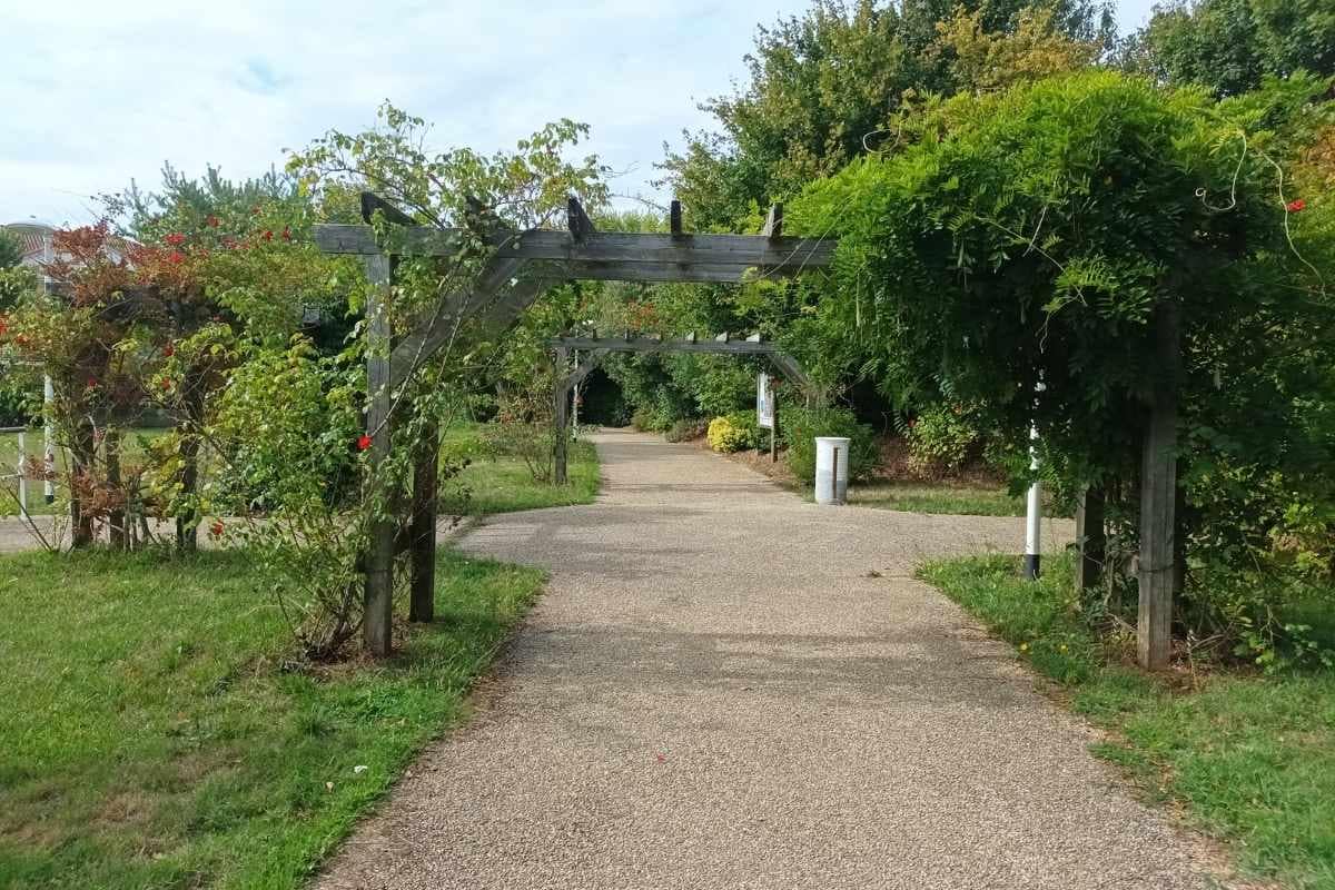 Parcs et Jardins avec son chien : Allée goudronnée du parc Lassalle à La Baule-Escoublac, avec arbres et massifs fleuris