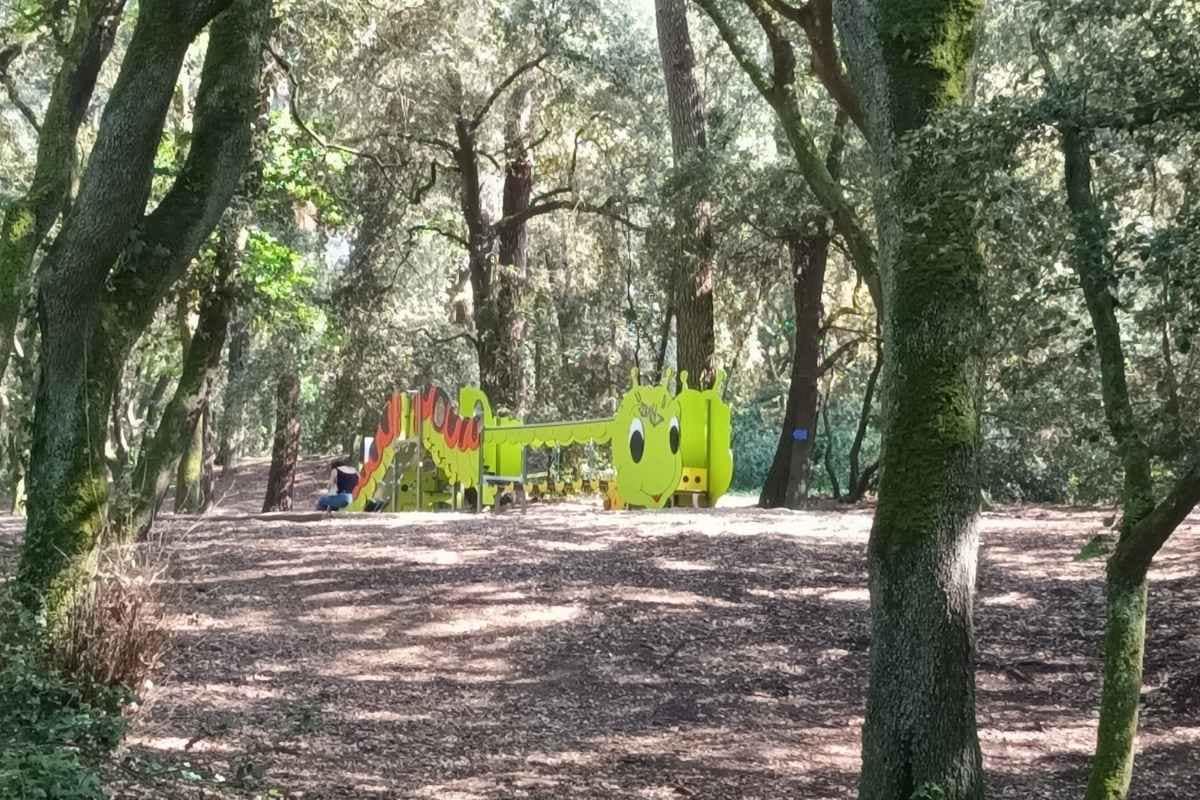 vue sur le toboggan en forme de chenille sur l'aire de jeux du bois roy à Saint-Michel-Chef-Chef pendant une balade canine en Loire-Atlantique