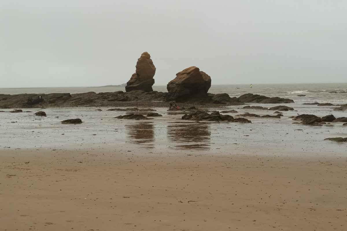 Escapades au-delà de la Loire-Atlantique : Deux rochers aux formes biscornues avec un pêcheur en premier plan à marée basse sous une légère pluie fine à la plage de la mine d'or