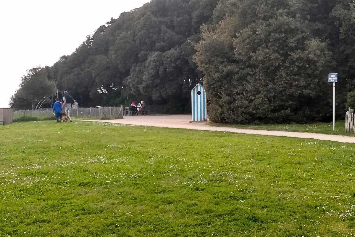 Les plages de Loire-Atlantique avec son chien : Plaine verdoyante le long du sentier côtier et aire de jeux au départ de la plage de Monsieur Hulot