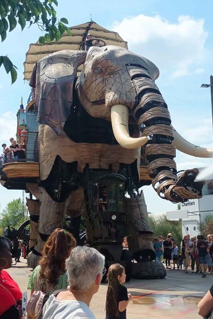 Inspirations & Séjours avec son chien : éléphant des machines de l'ile à Nantes arrosant la foule