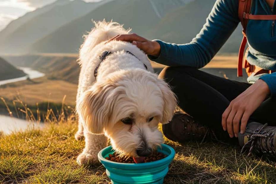 chien de race bichon havanais mangeant ses croquettes dans une gamelle en extérieur lors d'un voyage