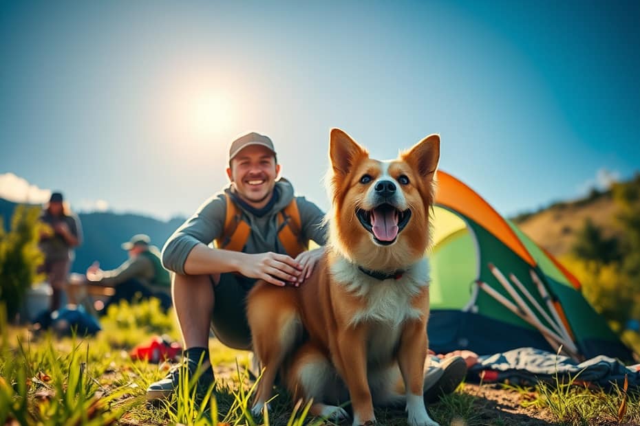 Conseils & vie quotidienne avec son chien : chien et son maître devant leur tente de camping